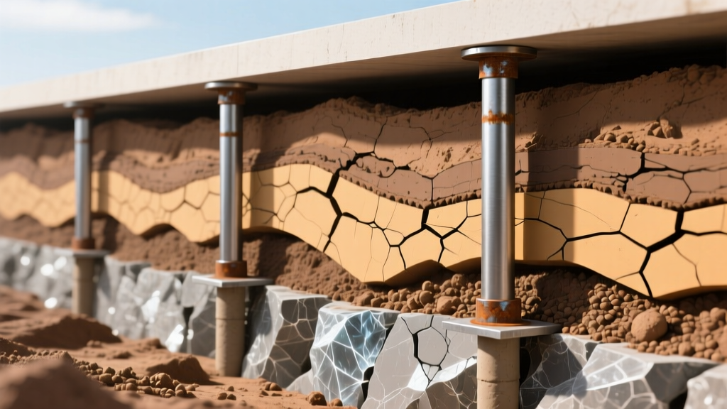 Cross-section diagram of expansive clay soil shifting beneath a Texas slab foundation with steel push piers driven into limestone bedrock