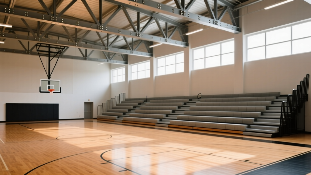 Single-court basketball gymnasium interior showing steel truss ceiling, maple hardwood floor, and retractable bleacher seating for approximately 500 spectators