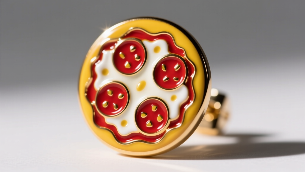 Macro shot of a hard enamel TMNT pizza earring showing a smooth polished surface with vibrant red, yellow, and white color fills.