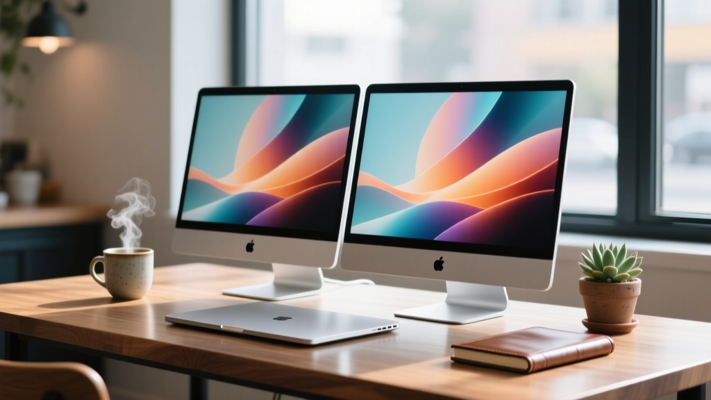 A sleek dual-screen portable monitor setup on a minimalist coffee shop desk, showcasing a laptop and two extra OLED displays.