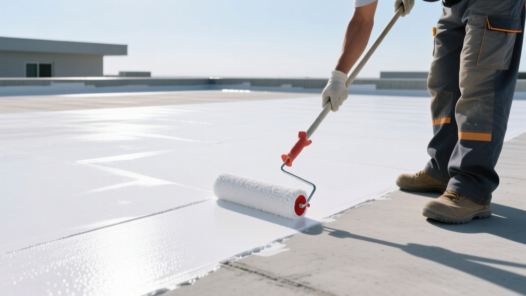 Contractor using a medium-nap roller to apply a white elastomeric lightweight waterproof membrane over a primed concrete flat roof surface