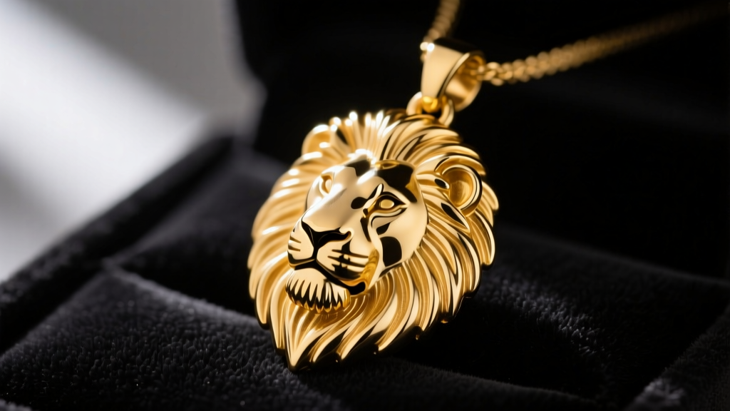 Close-up of a 14k gold Lion King Simba pendant on dark velvet, highlighting intricate lost-wax casting details of the mane.