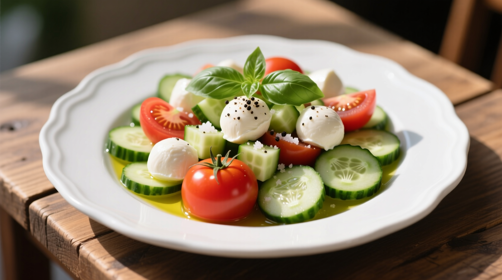 Fresh tomato mozzarella cucumber salad on white plate