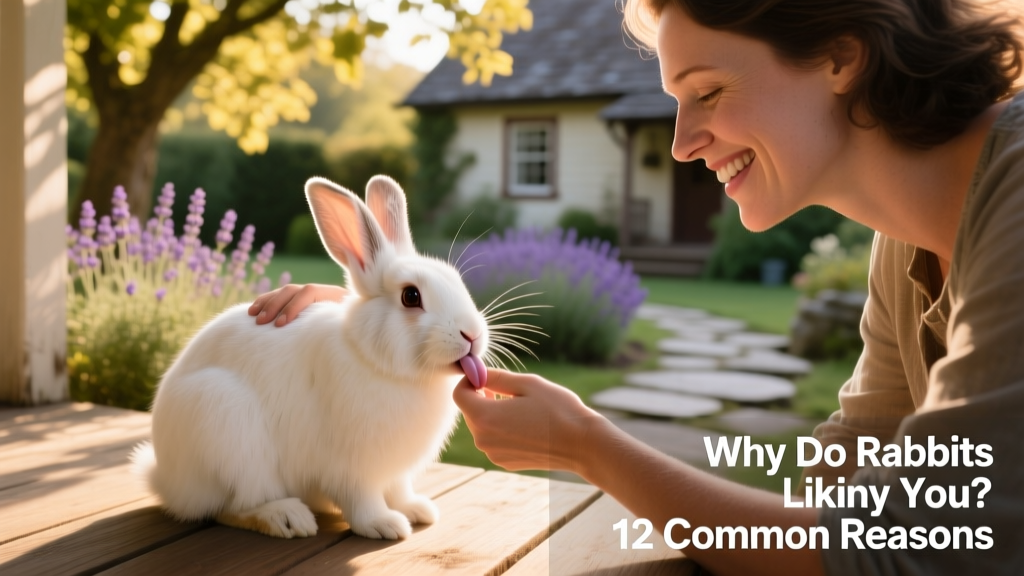 Rabbit sitting calmly beside its human companion, mid-lick on the wrist