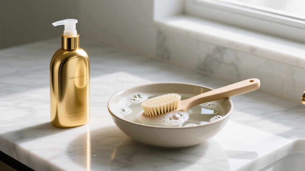 Side-by-side comparison of a commercial gold cleaning bottle and a bowl of soapy water with a soft brush on a marble countertop.