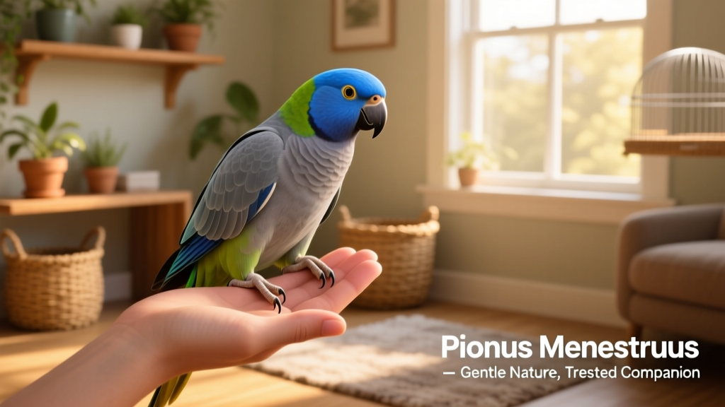 A Blue Headed Pionus interacting calmly with its owner’s hand, demonstrating trust and gentle temperament