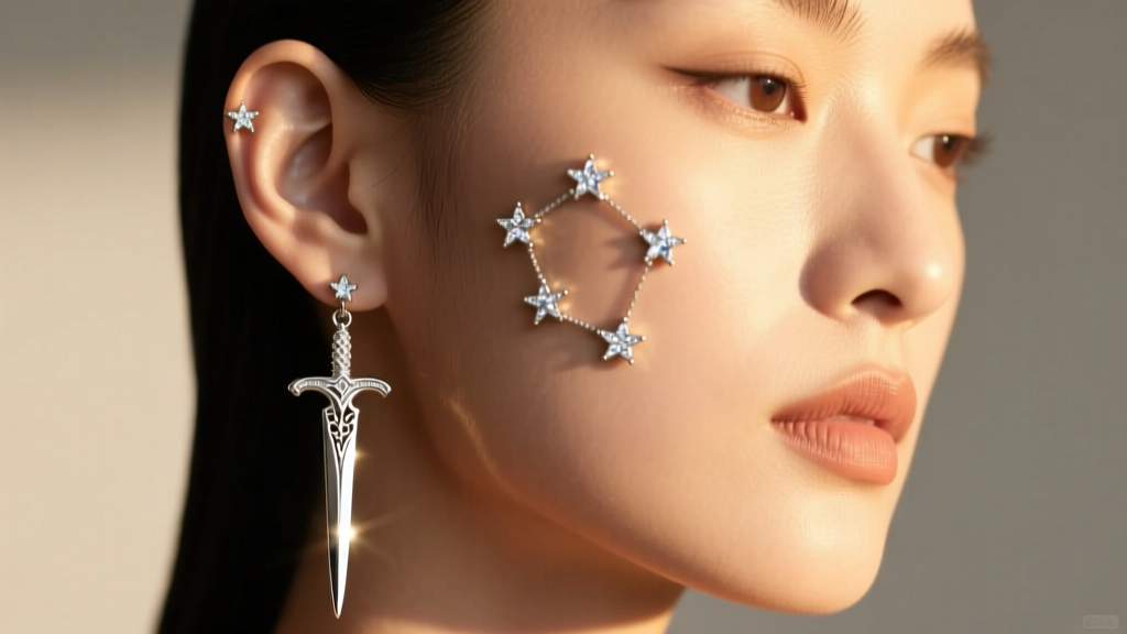 Asymmetrical styling featuring a long silver celestial sword dangle on the left lobe and clustered star studs on the right ear