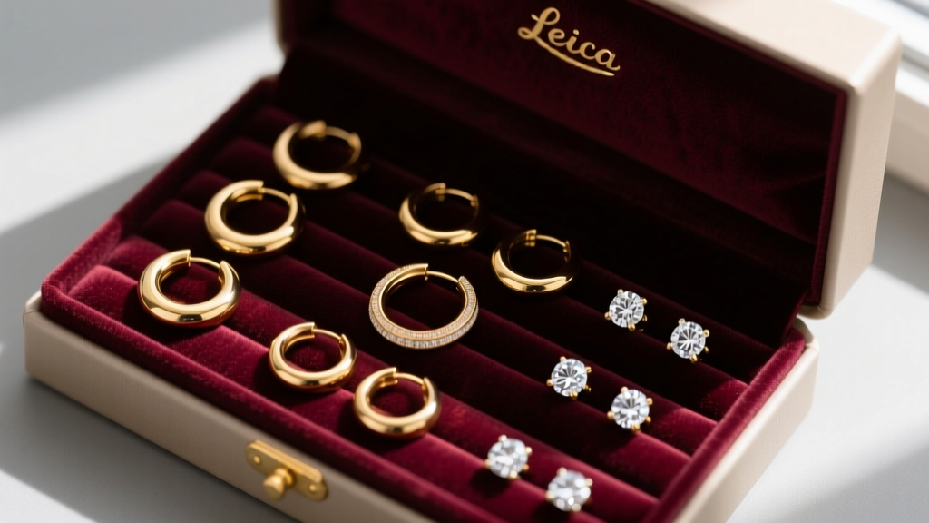 Overhead view of an open velvet jewelry roll on a moving box, revealing neatly organized gold hoops and diamond stud earrings.