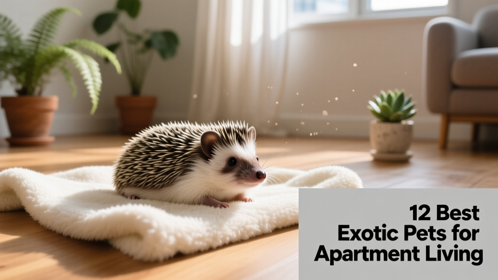 A calm, well-socialized African pygmy hedgehog resting on a soft fleece blanket in a tidy apartment setting
