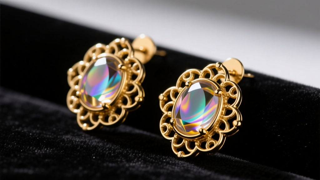 Macro photo of vintage gold-tone bijoux Givenchy earrings with poured glass cabochons on dark velvet under soft studio lighting