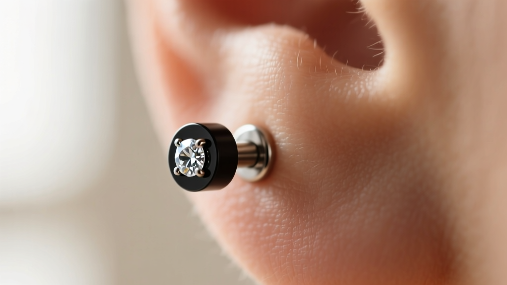 Close-up of 18-gauge titanium padlock stud in a helix piercing, featuring matte black PVD coating and a small brilliant clear CZ gemstone.