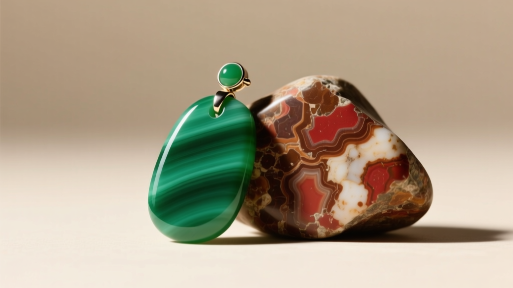 Dyed green jasper pendant beside natural Mookaite, showing unnatural flat color and lack of depth typical of treated stones.