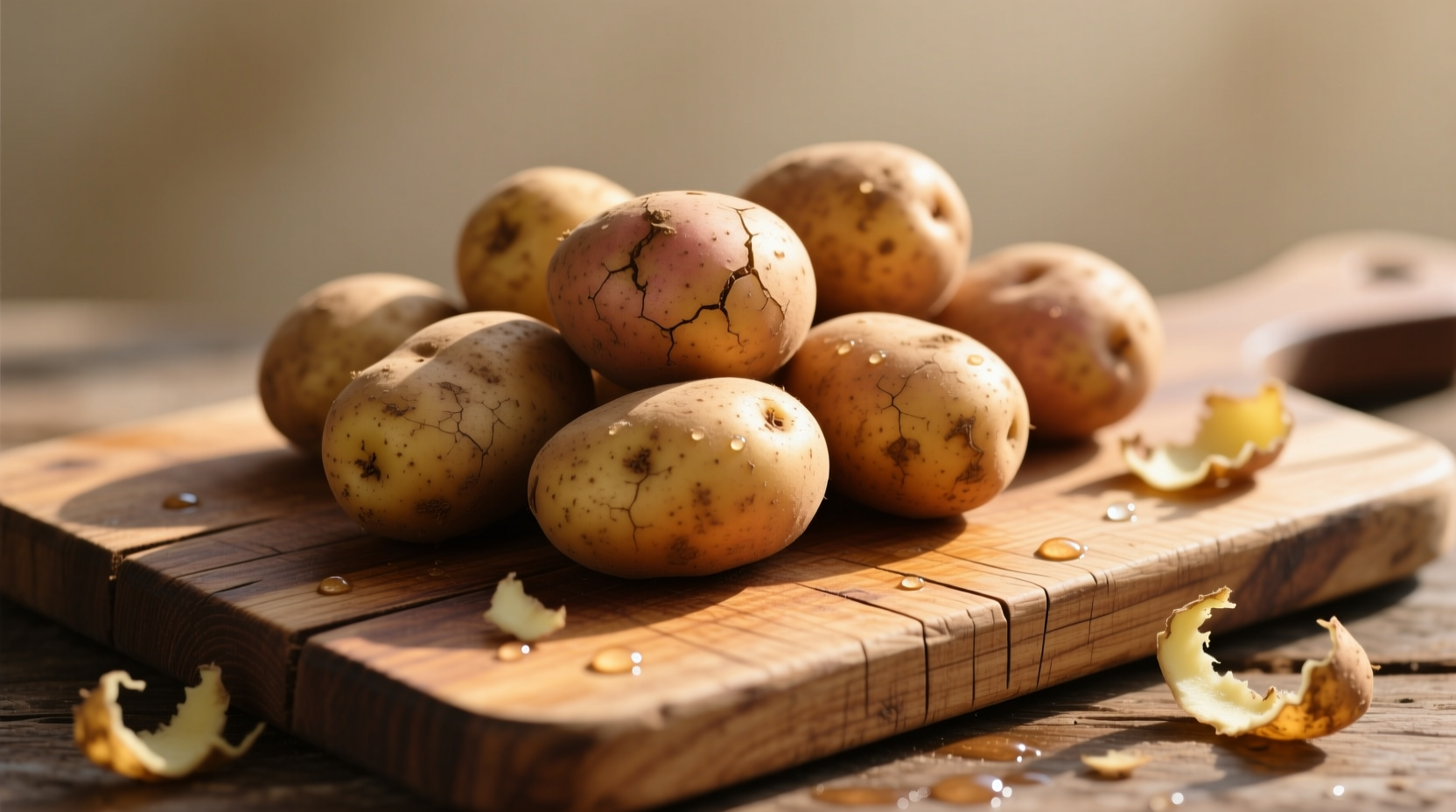 Russet potatoes on wooden cutting board