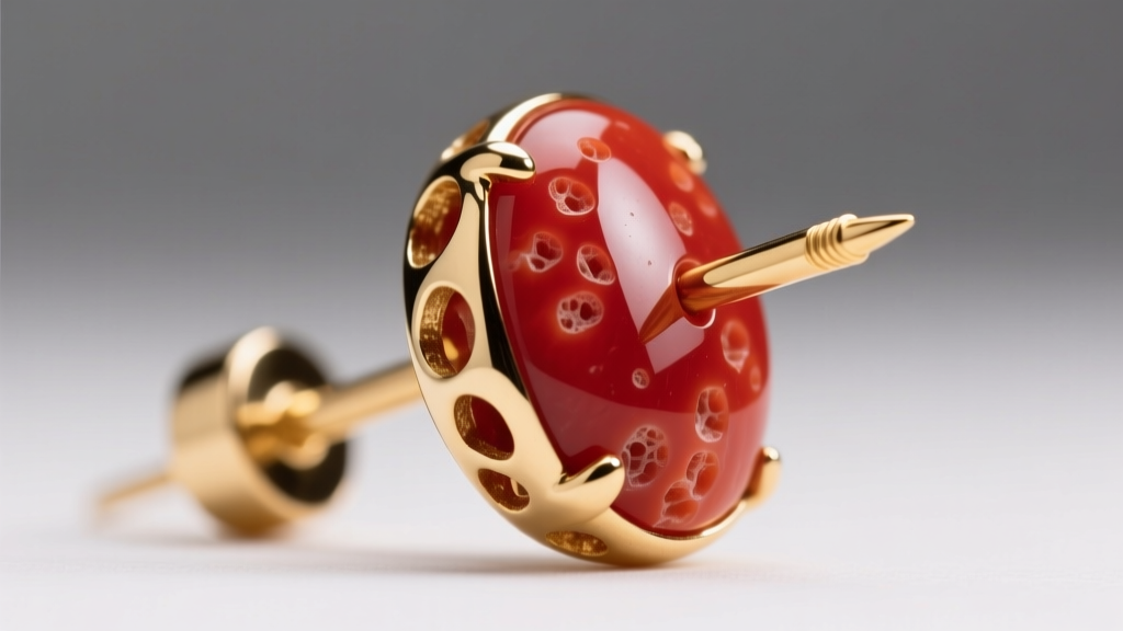 Macro shot of a 20-gauge gold post piercing a porous genuine Mediterranean red coral cabochon earring under bright studio lighting.