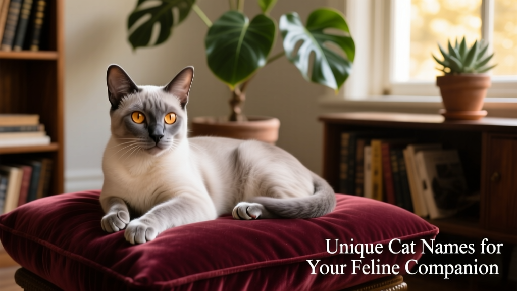 A relaxed senior cat lounging on a velvet cushion, gazing thoughtfully at the camera
