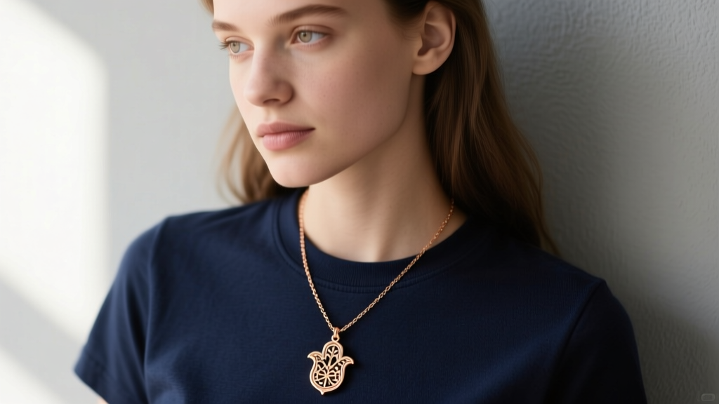 Portrait of a person wearing a delicate 18-inch 14k rose gold Hamsa necklace layered over a dark navy crewneck cotton t-shirt.