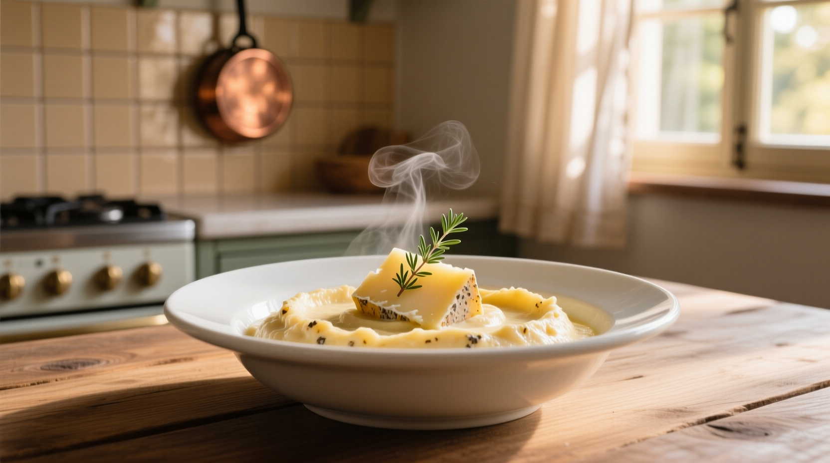 Creamy manchego potato puree in white bowl