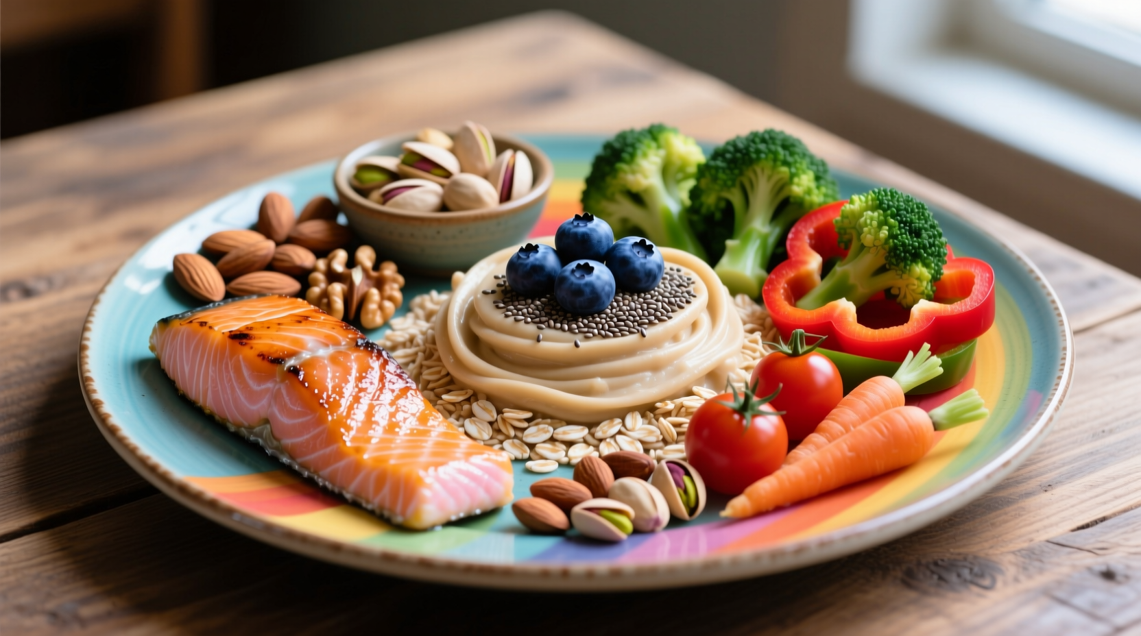 Colorful plate of cholesterol-lowering foods including oats, salmon, nuts, and vegetables