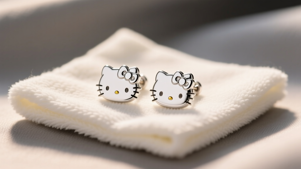 Close-up of Hello Kitty sterling silver stud earrings resting on a soft microfiber polishing cloth under warm, bright vanity lighting.