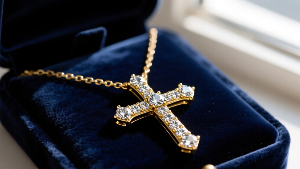 Close-up of a vintage Butler and Wilson cross necklace featuring pavé rhinestones and gold-tone plating resting on dark velvet