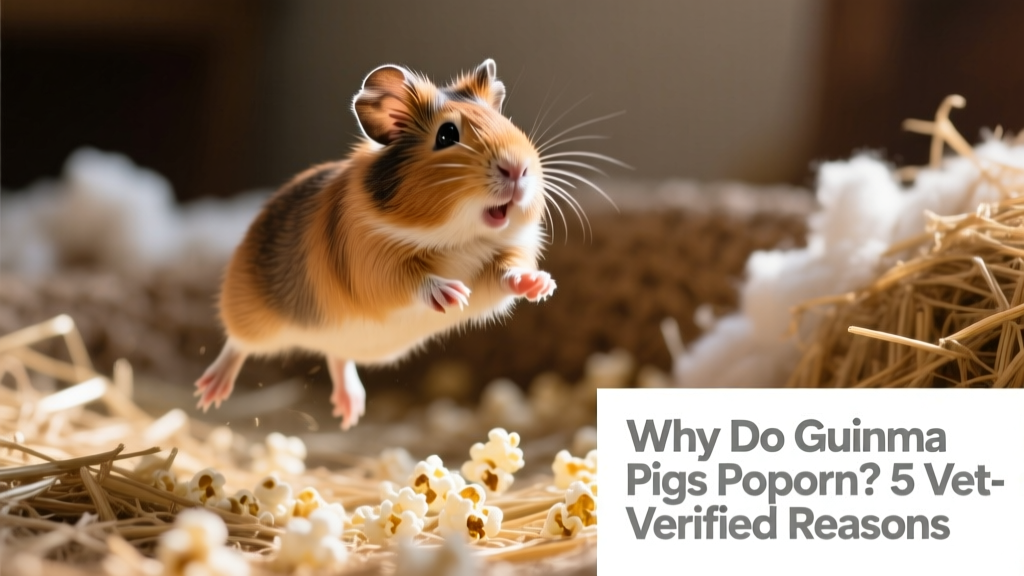 A guinea pig mid-popcorn jump—front paws off the ground, back legs extended, ears perked—against a soft, natural bedding background