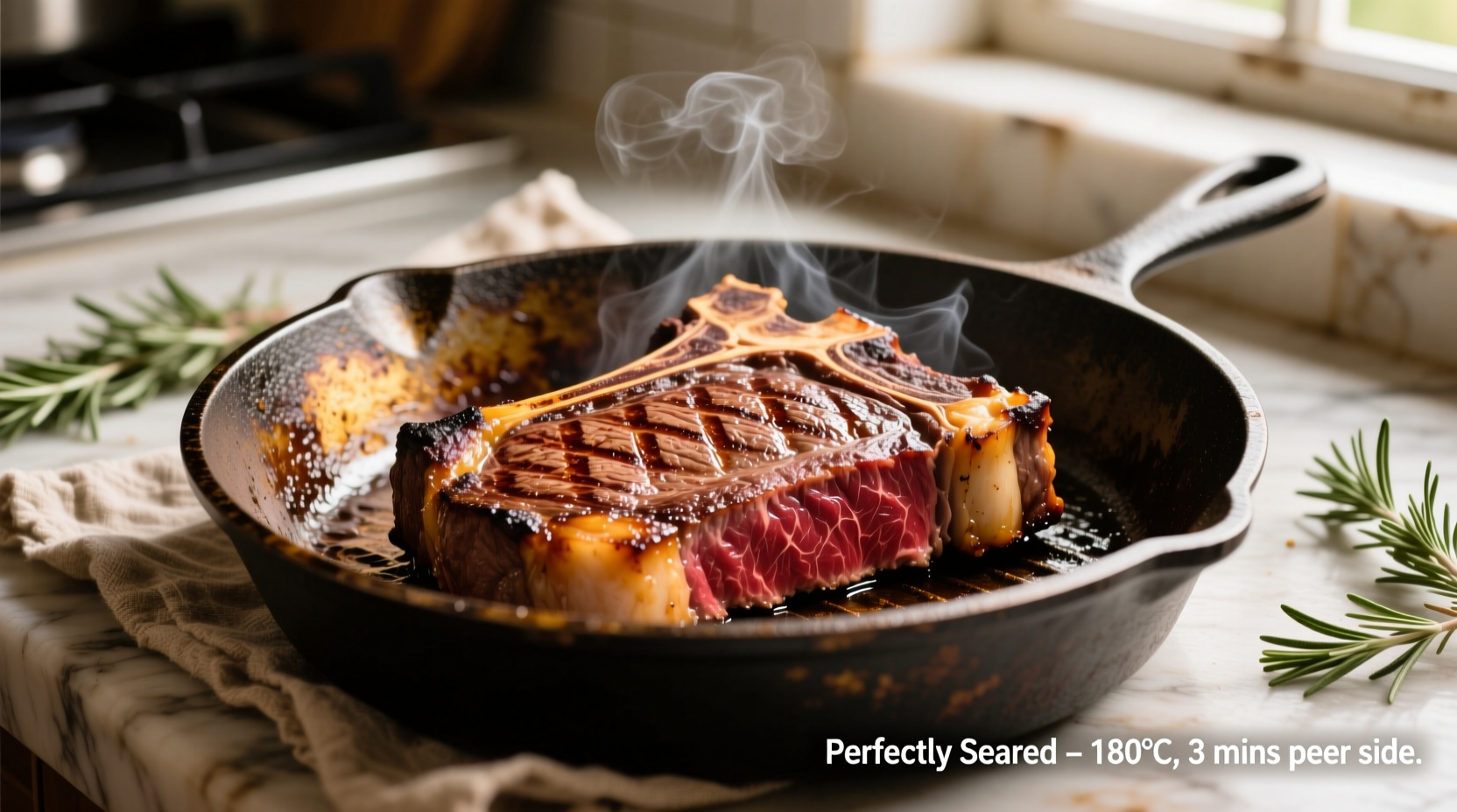 Perfectly seared bone-in ribeye steak in cast iron pan