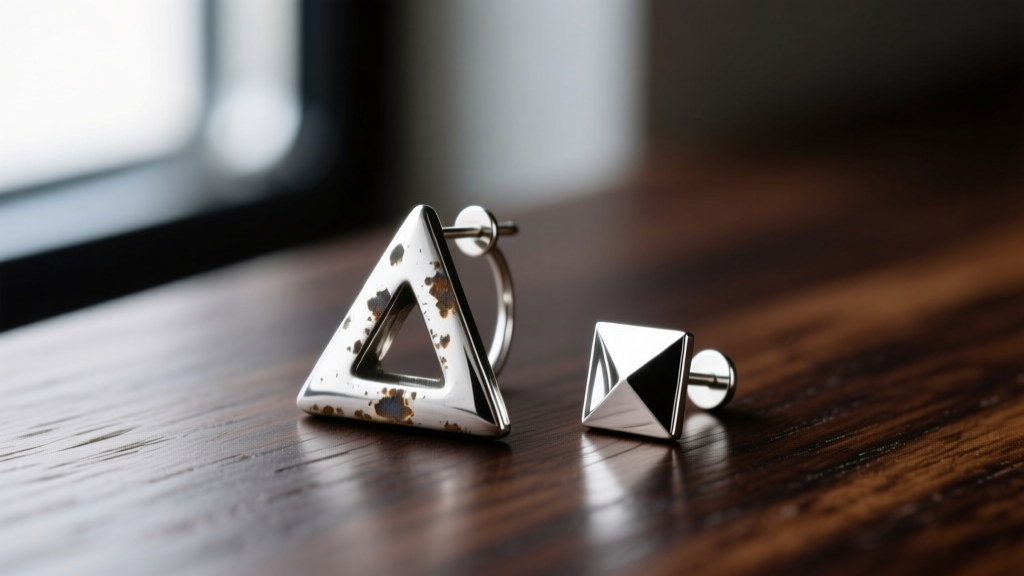 Close-up of a tarnished standard silver triangle earring beside a bright, untarnished Argentium silver geometric stud on dark wood