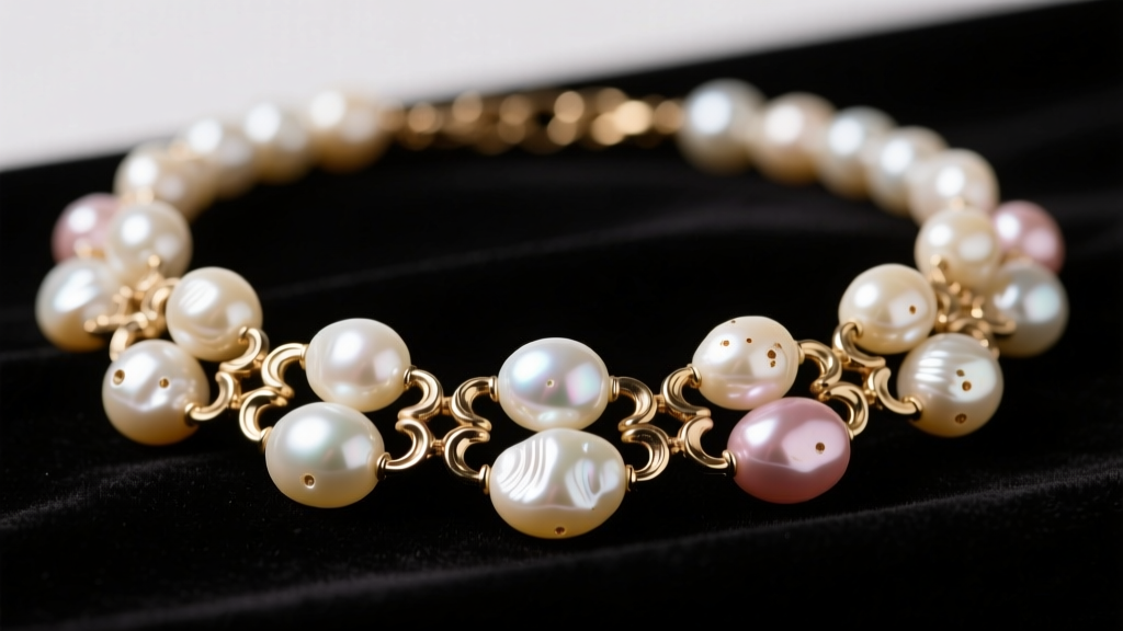 Macro shot of a baroque pearl chain necklace on dark velvet, showing its irregular shape and high luster under soft studio light