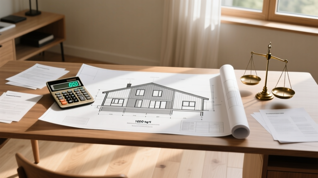 Blueprints for a 1000 sq ft modern cabin on a wooden desk beside a financial calculator, loan documents, and brass scales.
