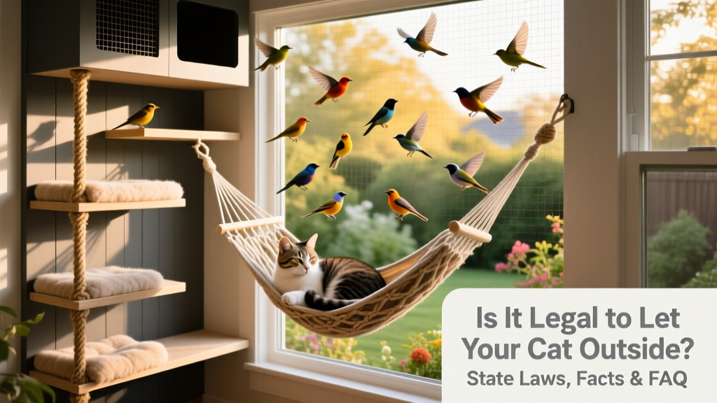 A modern, weather-resistant catio attached to a home window, with climbing shelves, a hammock, and visible birds outside the mesh