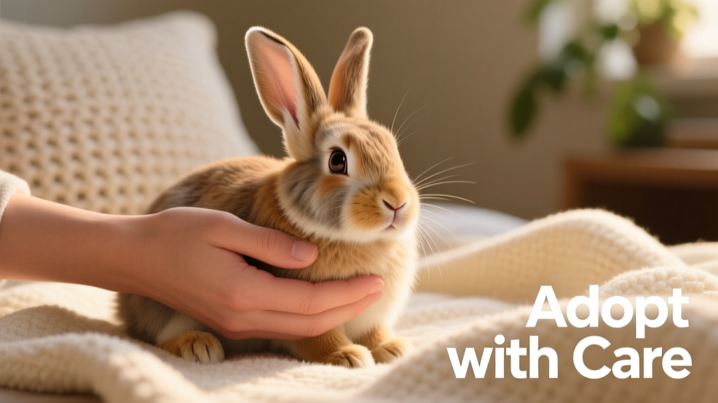 A gentle hand holding a calm, alert rabbit on a soft blanket—demonstrating proper, supportive handling technique