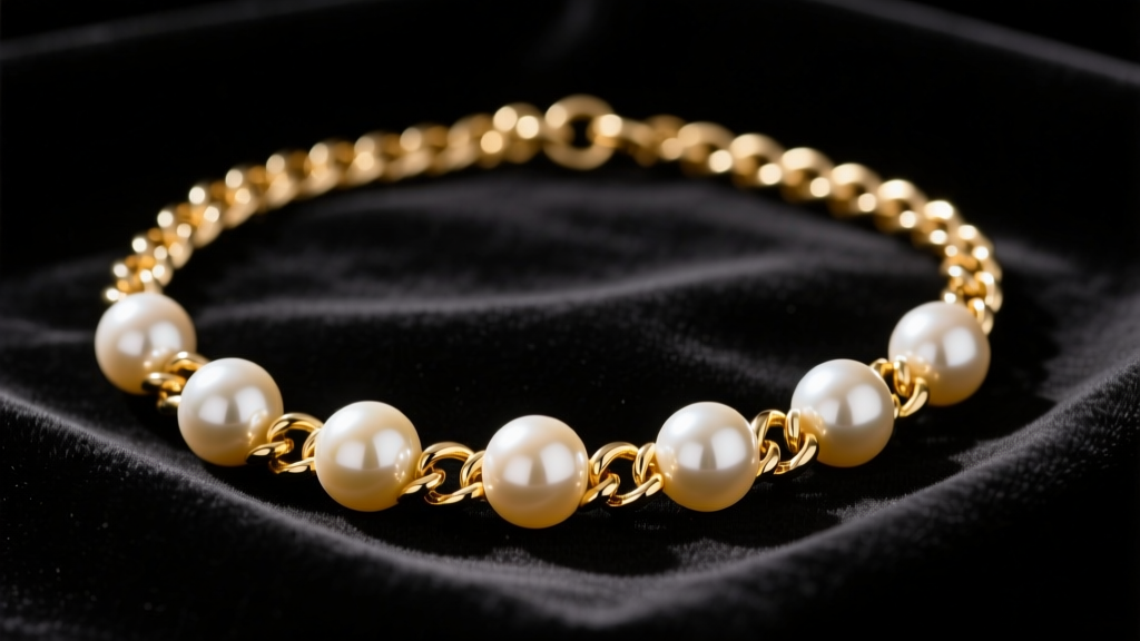Close-up of a vintage Givenchy gold-tone chain necklace with large faux pearls resting elegantly on dark black velvet fabric