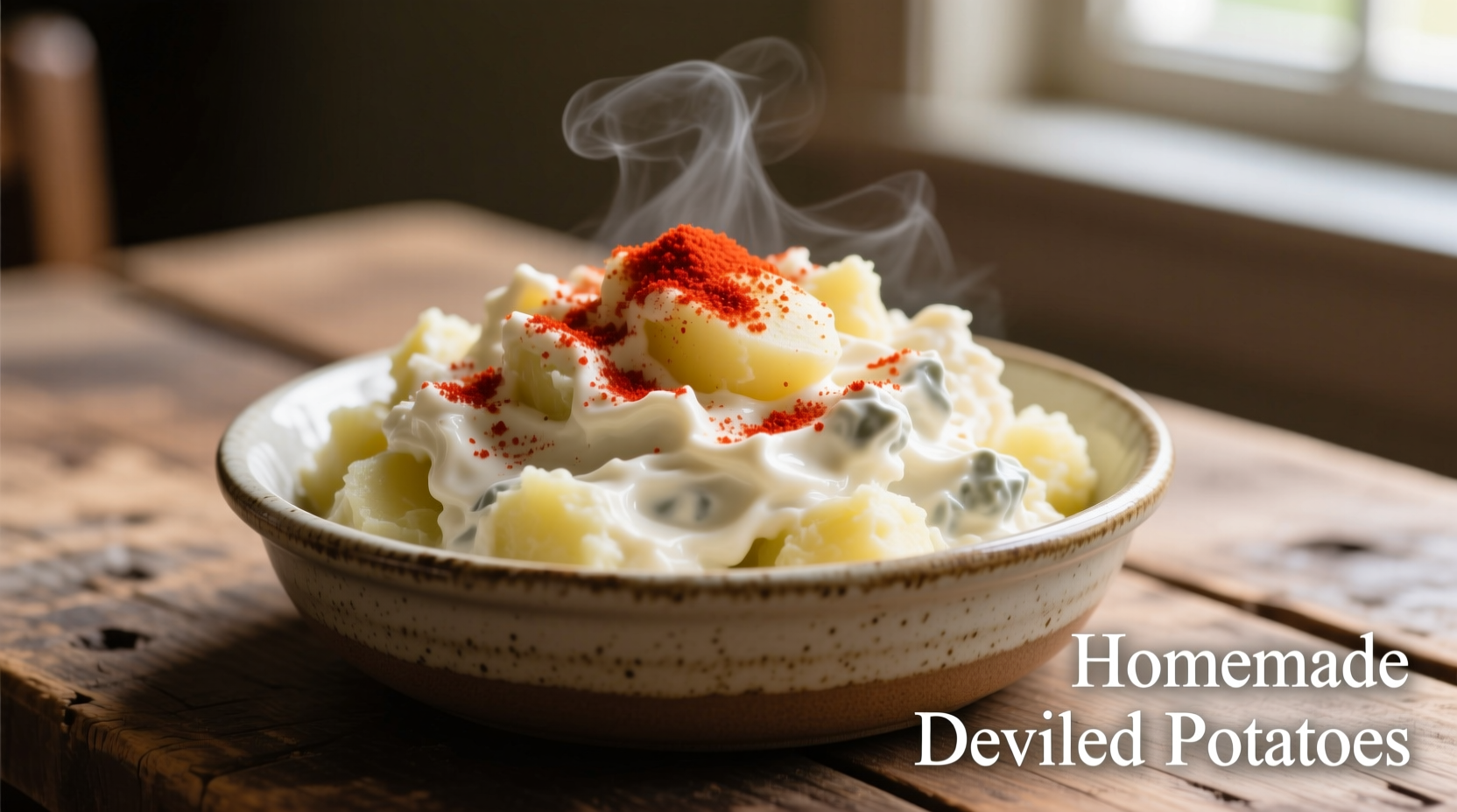 Creamy deviled potato salad in serving bowl with paprika sprinkle