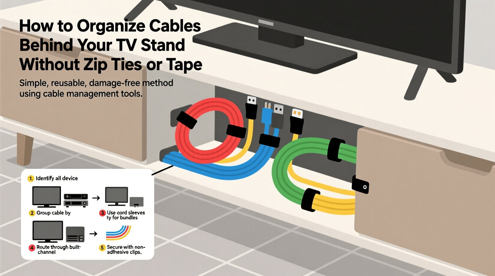 how to organize cables behind your tv stand without zip ties or tape