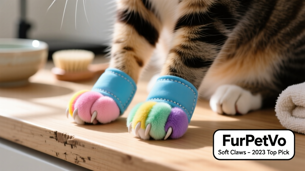 A close-up of a cat’s front paws wearing colorful FurPetVo Soft Claws caps, resting on a wooden surface