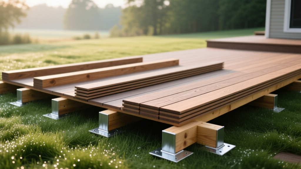 Stacked composite decking boards, pressure-treated joists, and steel post bases laid out on grass for an 8x16 deck build