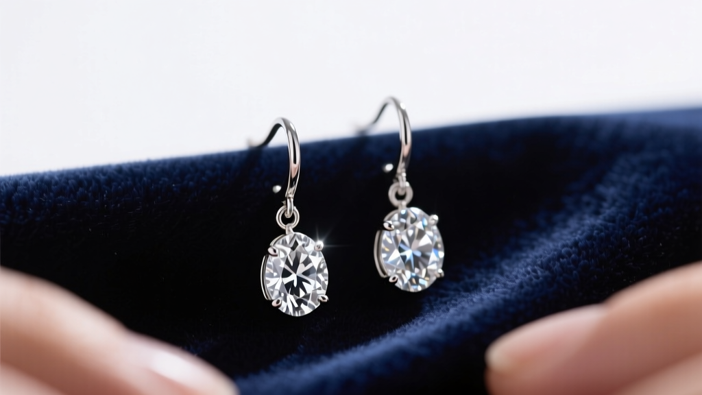 Platinum diamond drop earrings on velvet, lit by soft studio light to highlight the polished metal grain and bright gem facets.