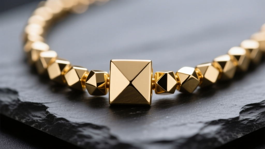 Macro shot of a 14k gold vermeil square bead necklace on dark slate, highlighting geometric facets and light reflection