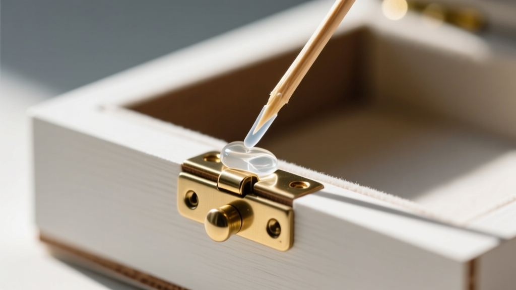 Macro shot of a toothpick applying clear two-part epoxy to a broken brass pin hinge on a white painted MDF jewelry box edge.