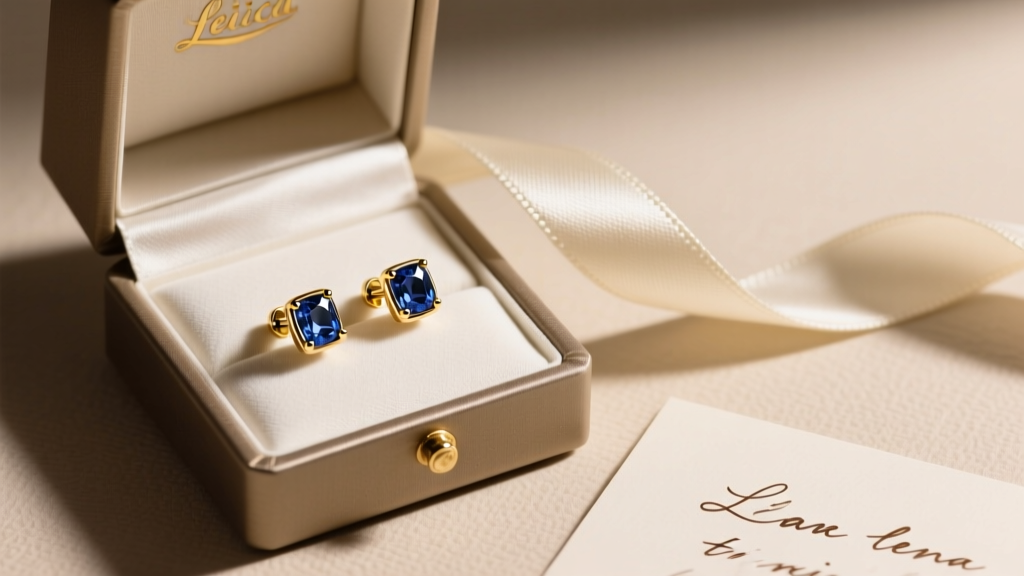 Open luxury box revealing 18k white gold barbell earrings with sapphire gems on a silk ribbon next to a handwritten gift note