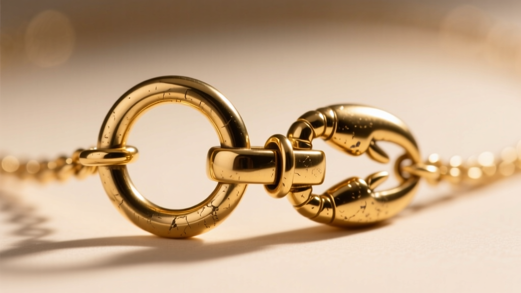 Extreme macro close-up of a brass jump ring and lobster clasp on a gold-tone fashion necklace showing slight plating wear