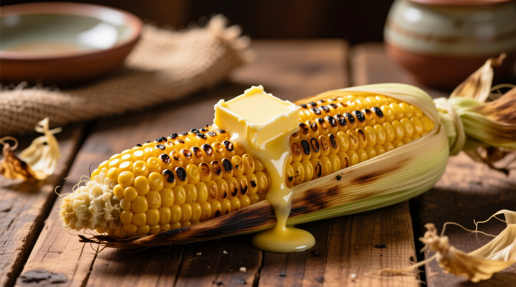 Freshly cooked corn on cob with butter