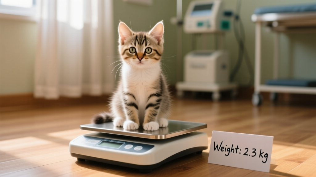 Young female kitten sitting calmly beside a veterinary scale, illustrating early-life health monitoring