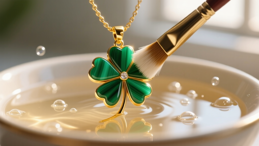 Soft-bristled brush gently cleaning a gold and malachite clover pendant in a bowl of warm soapy water, macro photography style.