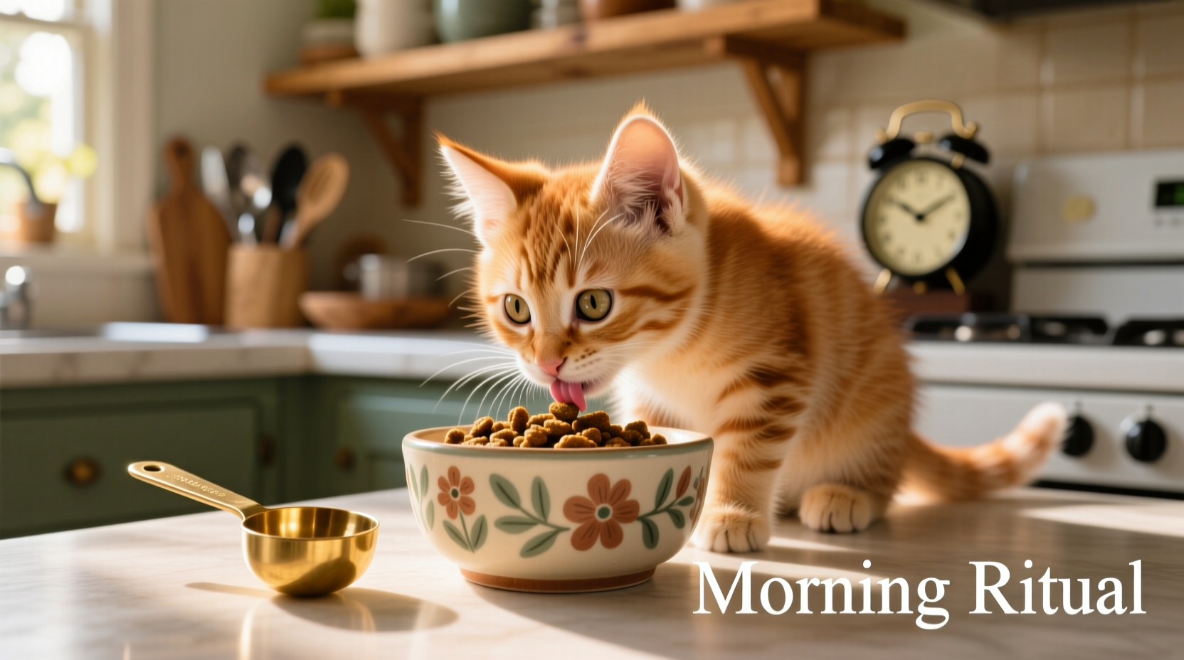 Kitten eating from ceramic bowl with measuring spoon