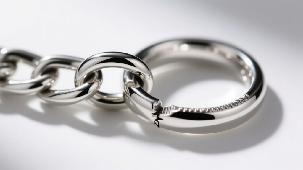 Macro shot of a sterling silver chain jump ring, showing a cleanly soldered seam next to an open unsoldered ring for comparison.