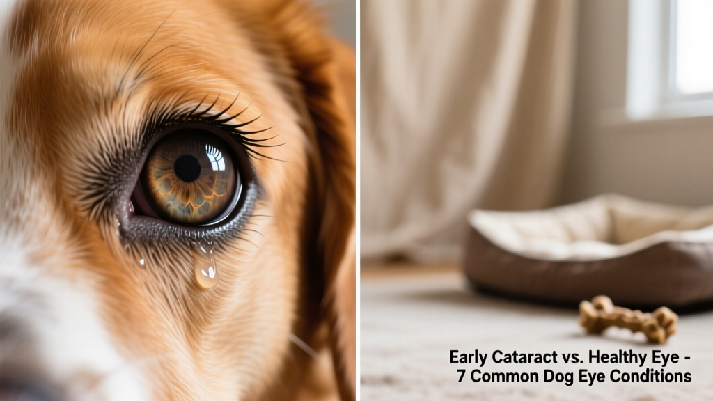 Side-by-side comparison: a healthy dog eye versus one with early cataract clouding
