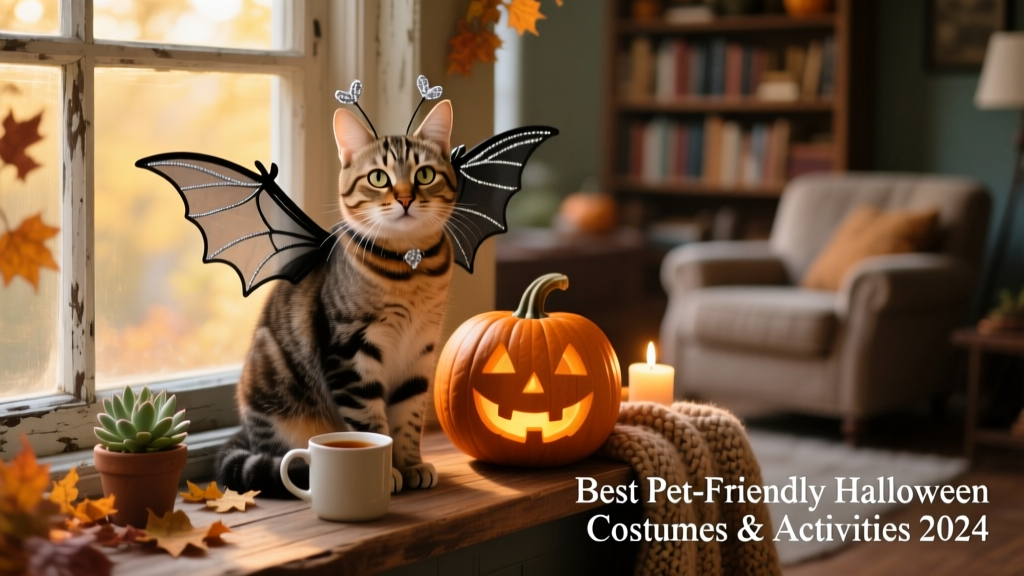 A calm tabby cat wearing bat-wing accessories, perched beside a jack-o'-lantern on a cozy windowsill