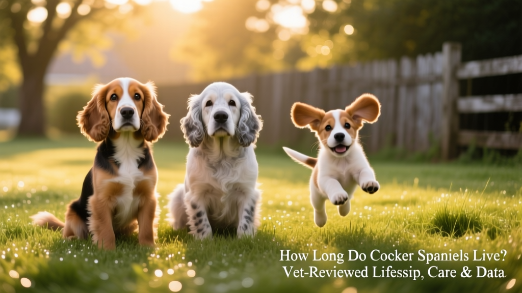A multi-generational Cocker Spaniel family photo: a young adult, a calm senior, and a playful puppy together on a grassy lawn