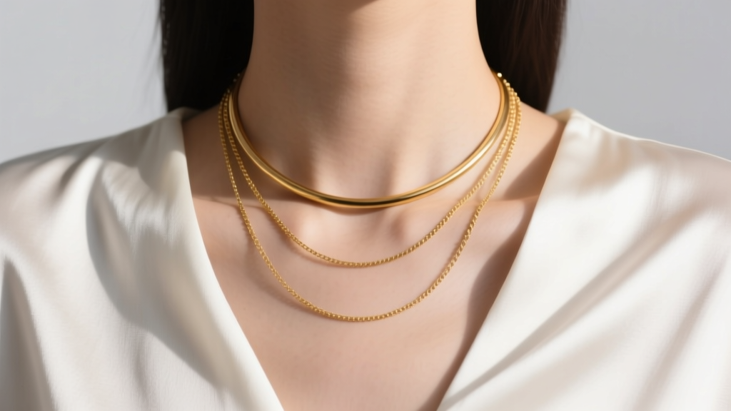 Elegant neck featuring a micro-layered stack of three solid gold necklaces of varying lengths against a crisp white silk blouse